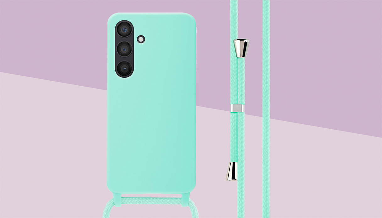Un Samsung avec une coque de téléphone turquoise avec cordon, l'arrière-plan est de deux couleurs violettes.