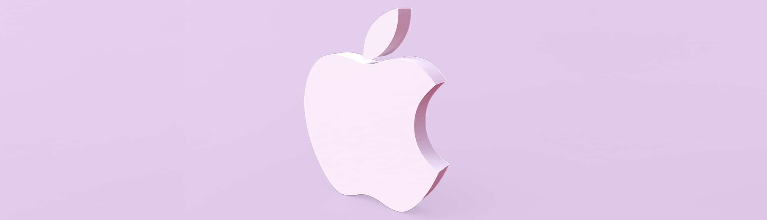 Le logo Apple est positionné au centre, le logo est d'une couleur violet clair qu'on retrouve également en arrière-plan.