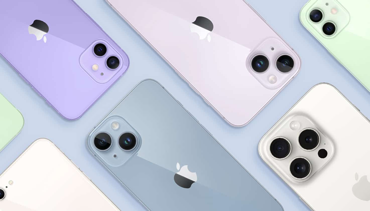 Une photo à plat de différents modèles d'iPhone dans des couleurs variées.