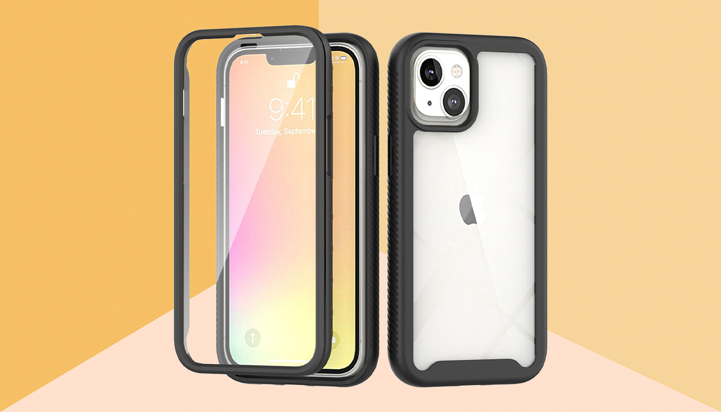 Un iPhone avec une coque de téléphone transparente de protection intégrale avec une bordure noire, l'arrière-plan est jaune.