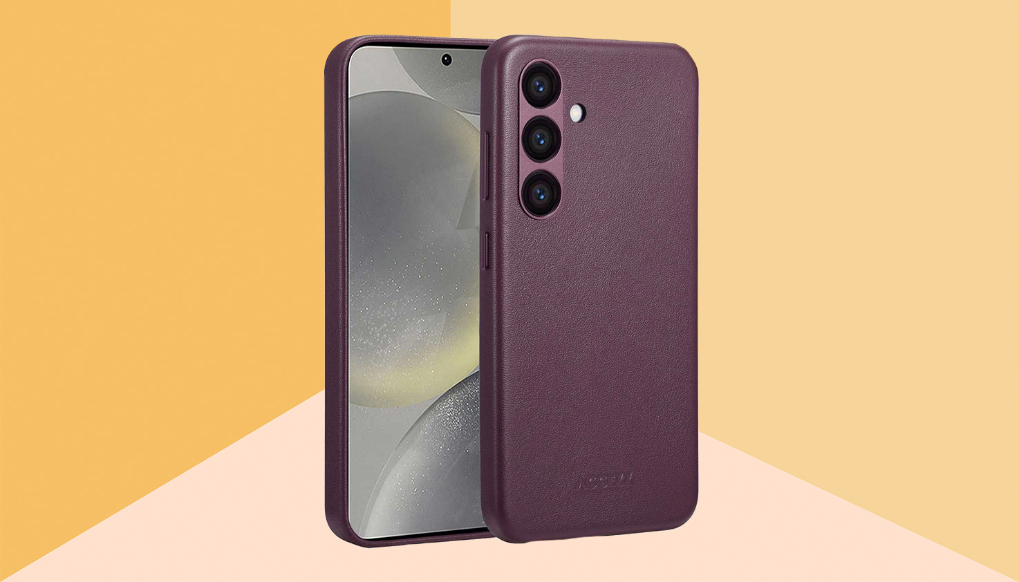 Un Samsung avec une coque de téléphone en cuir violet avec un fond jaune, la coque est une backcover.