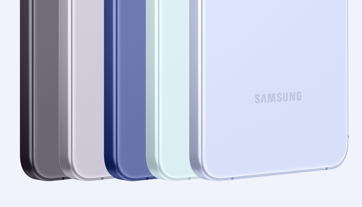 Cinq appareils Samsung dans différentes couleurs pastel.